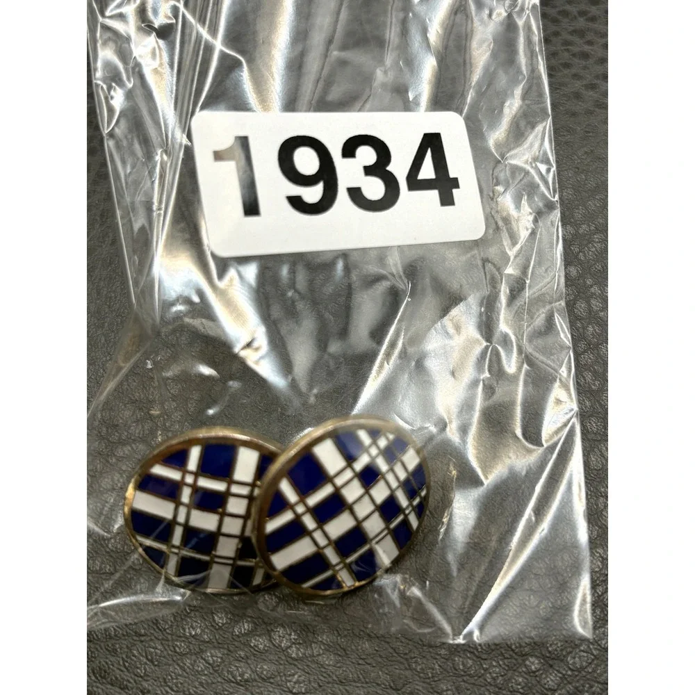 Vintage Gold Tone Blue Enamel Plaid Pattern Modernist MCM Enamel Cufflinks